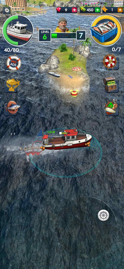 Un barco rojo y blanco navegando por aguas azul oscuro junto a una isla tropical en Open Sea Fishing Simulator