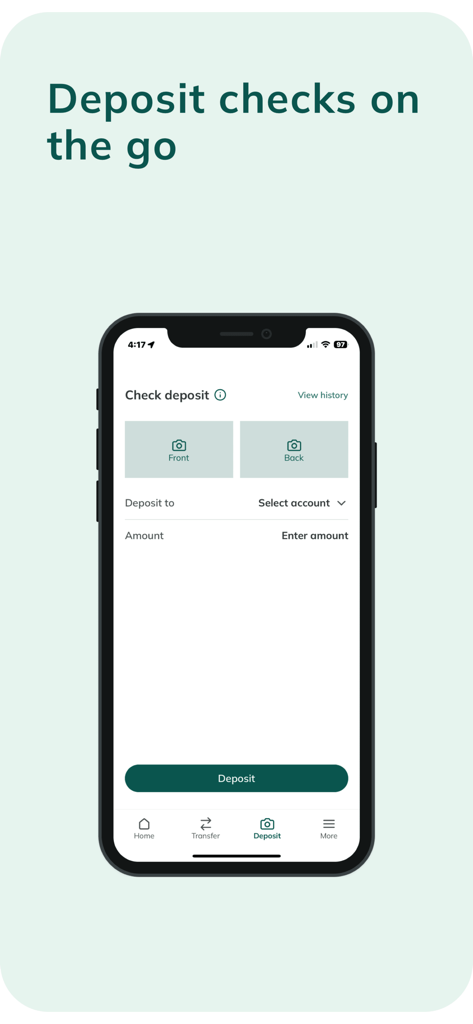 Grasshopper Bank Business - Mobile check deposit screen in the Grasshopper Bank Business app