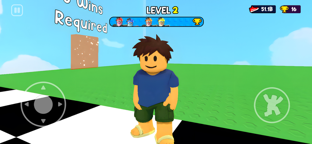 Tsunami Escape Run - Pantalla de juego del móvil Tsunami Escape Run que muestra un personaje de bloques en el Nivel 2 con interfaz de usuario y barra de progreso del juego
