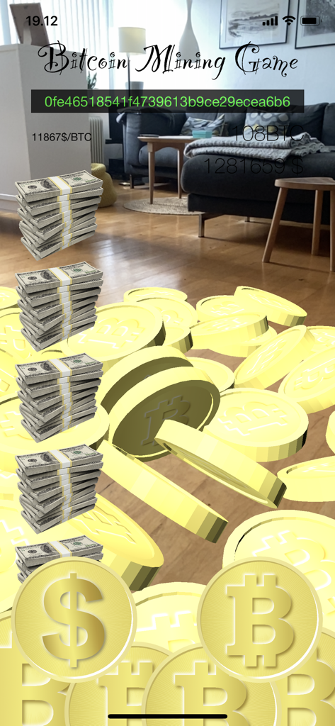 Bitcoin Mining Game - Augmented reality gameplay showing virtual gold bitcoins and stacks of cash in a living room