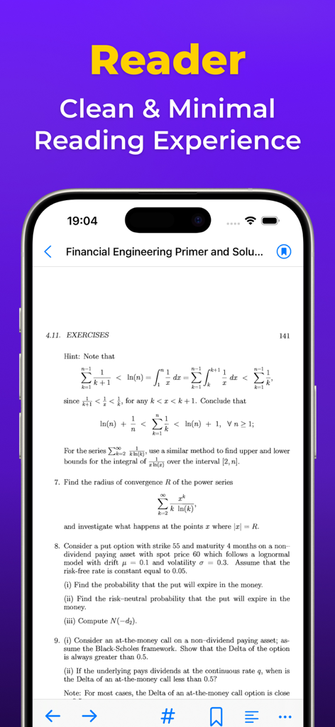 Aplicación DjVu reader mostrando un documento matemático con una interfaz limpia