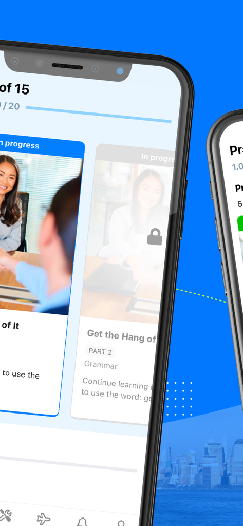 Mobile Bildschirmansicht der Open English App, die Grammatik-Lernmodule und den Fortschritts-Tracker anzeigt.