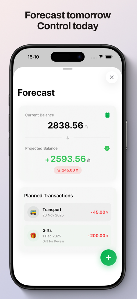 CashCoach - Finance Tracker - Schermata mobile che mostra la funzione di previsione dell'app CashCoach con saldo attuale e proiettato e transazioni pianificate
