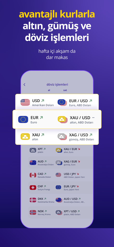 getirfinans - Interface de l'application mobile getirfinans montrant les taux de change et les options de négociation de métaux précieux