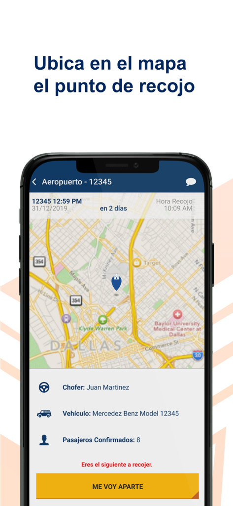 Copa Recojo - Interface do aplicativo Copa Recojo exibindo o local de retirada em um mapa com informações do motorista e do veículo.
