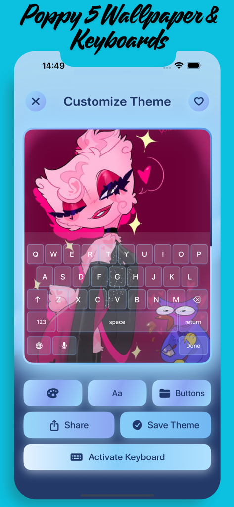 Una vista previa de la función de personalización de teclado con un tema de personaje estético rosa
