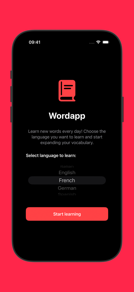 Wordapp - Écran d'accueil de Wordapp affichant un sélecteur de langue avec le français sélectionné