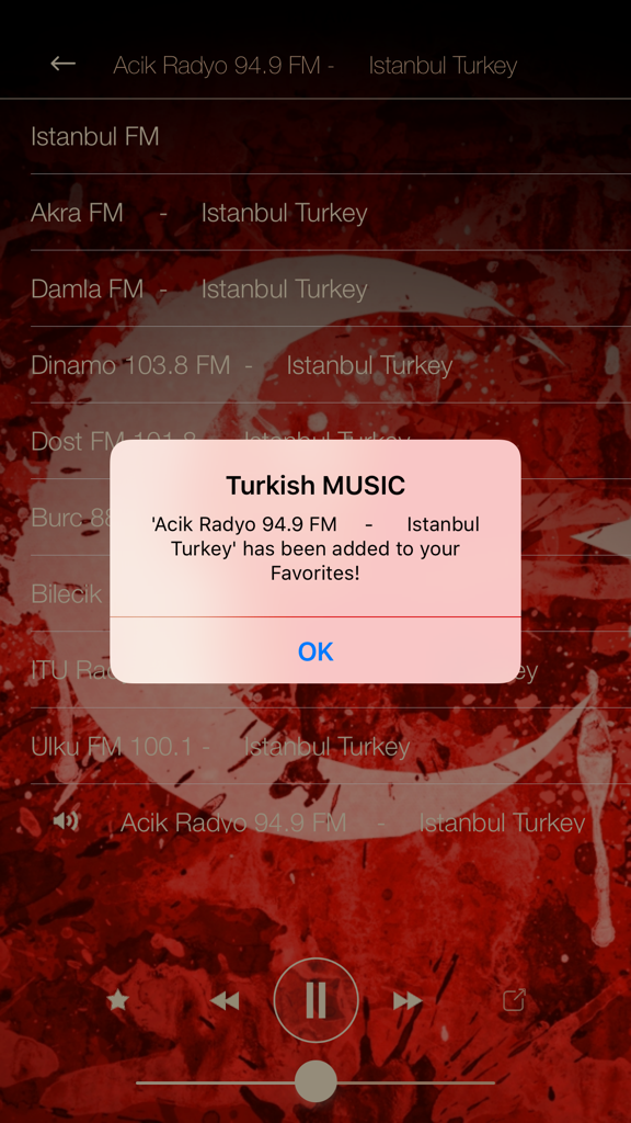Turkish MUSIC app interface showing a list of radio stations and a favorites confirmation message