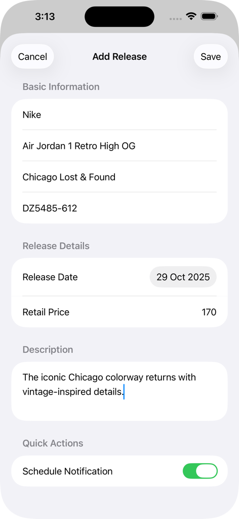 Shoebox - Sneaker Collection - Interface for adding a new sneaker release with details like brand model price and release date in the Shoebox app