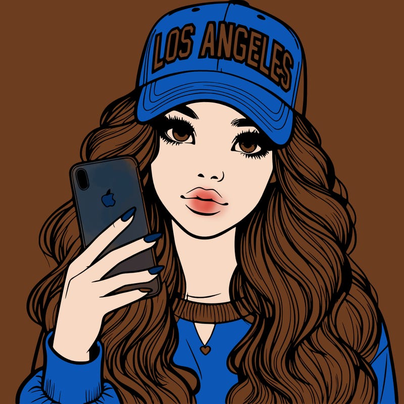 realistic beautiful girl wearing los ángeles cap holding an iphone