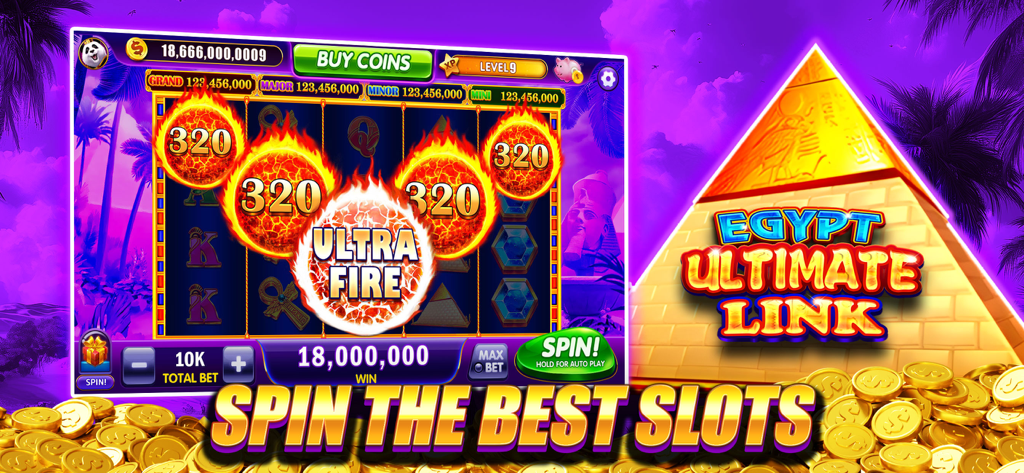 Cash Master Slots - Casino - Interface de jeu mobile Cash Master Slots montrant le thème "Egypt Ultimate Link" avec la fonctionnalité bonus Ultra Fire et des pièces d'or