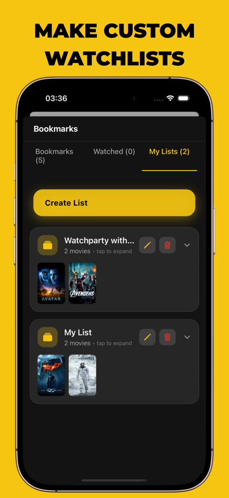 MovieTok: Shorts for Movies - MovieTok app screen for creating and managing custom movie watchlists