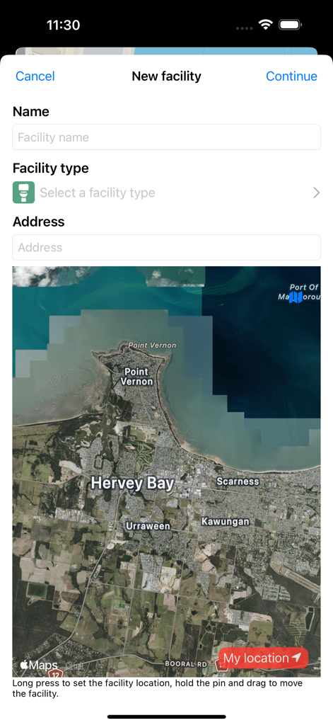 Form for adding a new public toilet facility with name and address fields and a satellite map of Hervey Bay