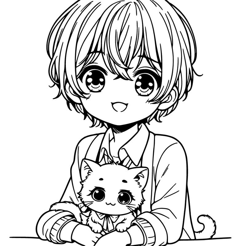 manga child with cute kitten