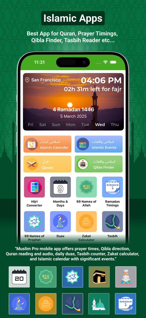 Tableau de bord de l'application Prières Islamiques et Athan affichant le calendrier des prières et les fonctionnalités religieuses