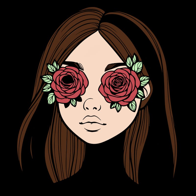 a realistic girl with roses for eyes