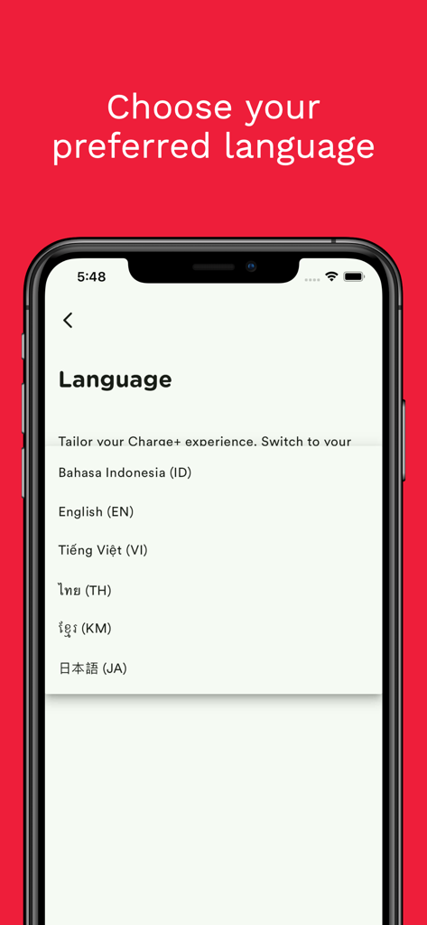 CHARGE+ - Language selection screen in the Charge Plus EV charging app with multiple regional language options.