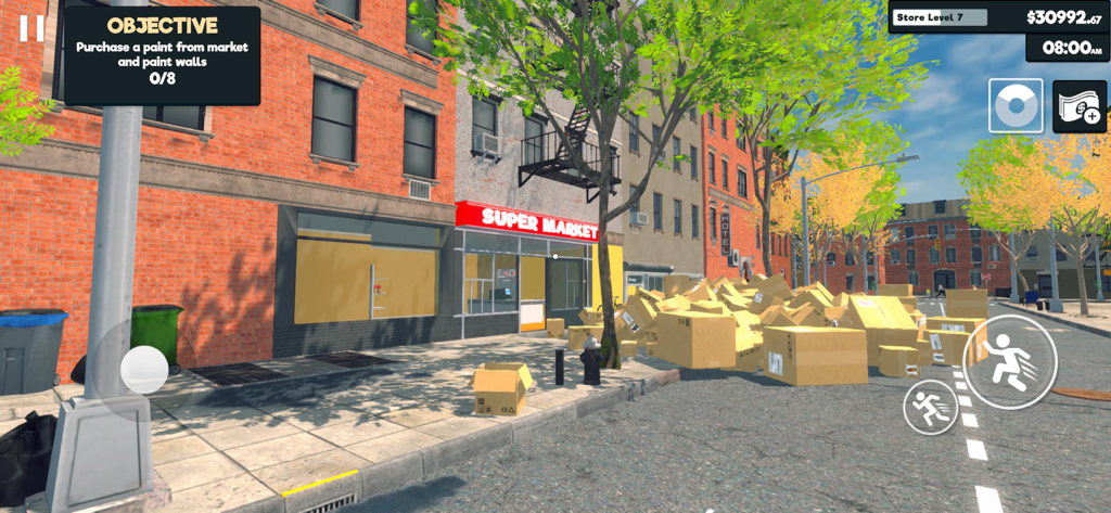 Street view of a supermarket storefront with a pile of delivery boxes in Supermarket Simulator 2026