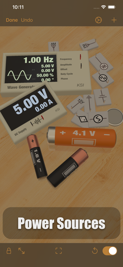 iCircuit 3D - Várias fontes de alimentação e baterias 3D em uma bancada virtual no iCircuit 3D