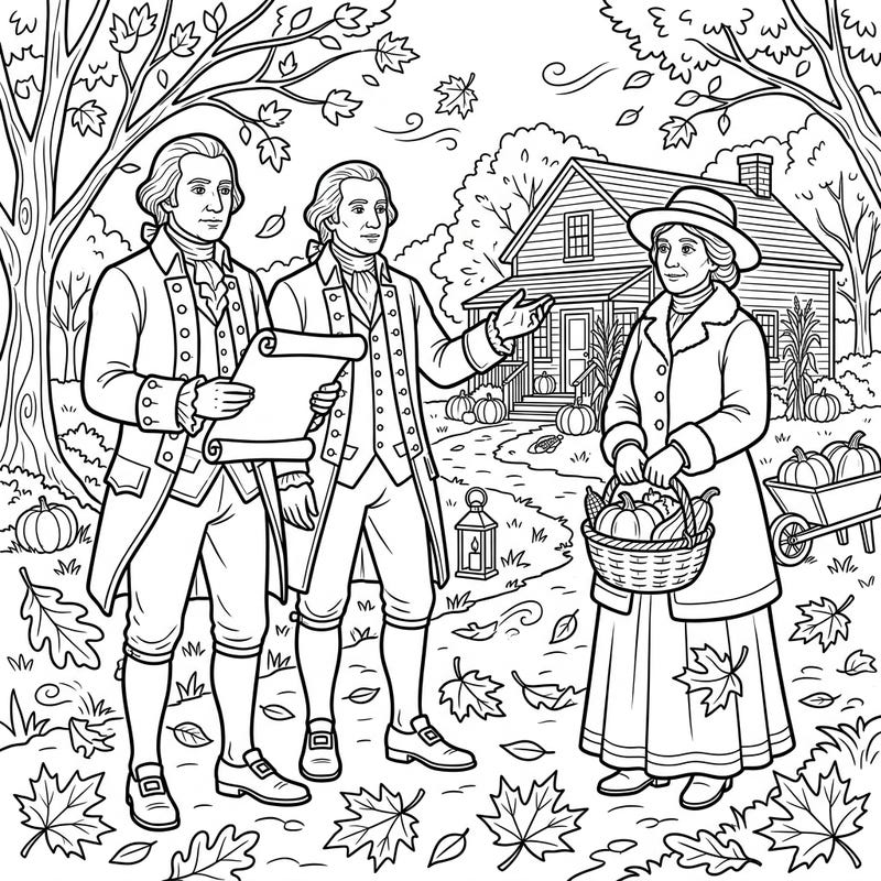 Step back in time to an autumn harvest with this unique coloring page featuring historical Founding Figures. Celebrate history and the beauty of fall with an engaging creative activity perfect for all ages.