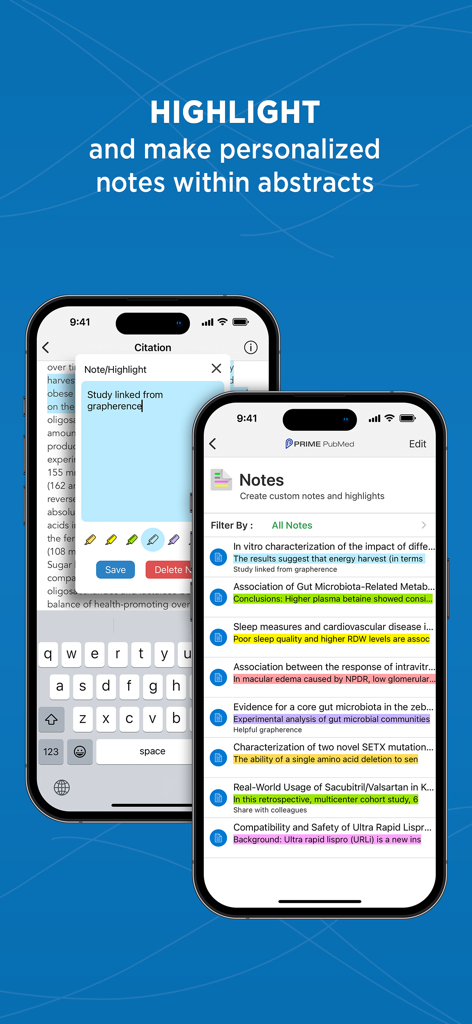 Prime: PubMed Journals & Tools - Interface of the Prime PubMed app showing how to create and organize personalized notes and color-coded highlights within medical article abstracts on a smartphone.