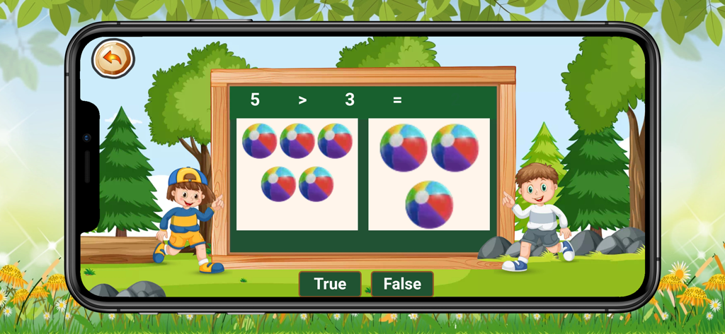 Basic maths learn - Educational math app screen teaching greater than and less than concepts with beach balls and cartoon children
