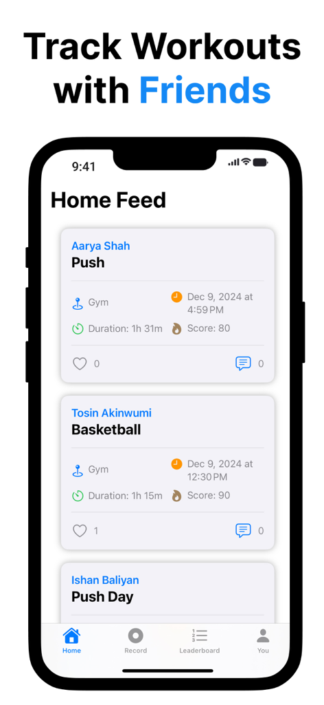 Spartan Gym Social Workout Log - A smartphone showing the Spartan Gym app home feed with workout logs from friends including exercise types and durations.