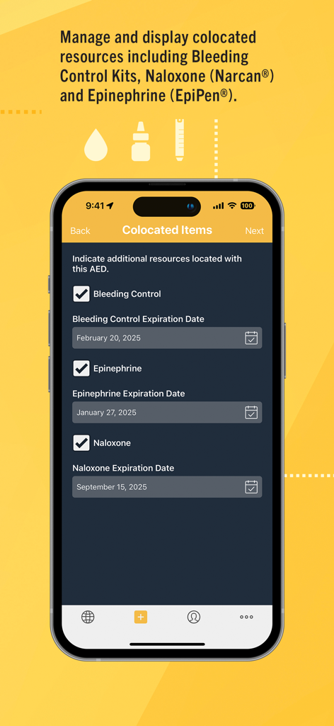 PulsePoint AED app screen for managing colocated emergency resources like Naloxone and Epinephrine.