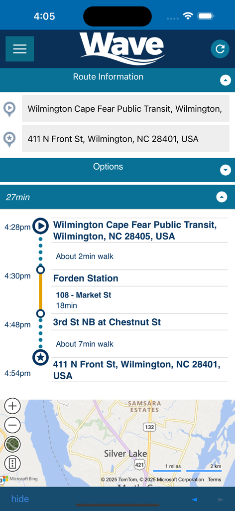 Wave Transit - Wilmington - Wave Transit app screen showing a bus route itinerary with travel times and a local map of Wilmington NC