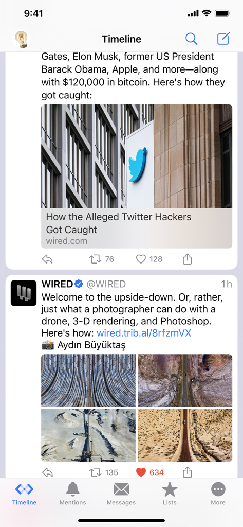 A screenshot of the Spring for Twitter app interface displaying a chronological timeline with news articles and photo tweets