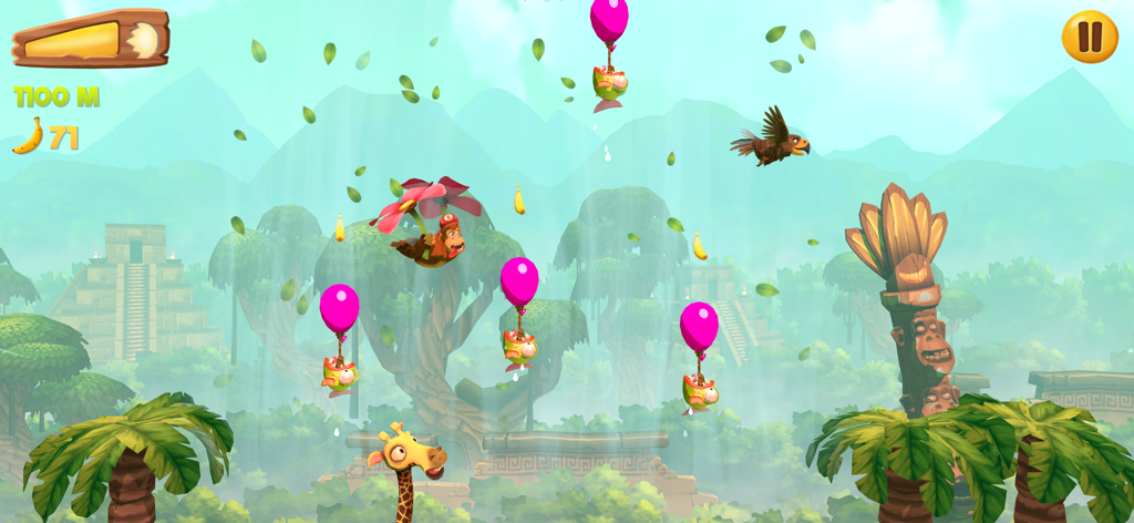 Banana Kong 2 - Personaje Kong usando un hélice de flor para volar a través de un nivel de jungla con templos antiguos