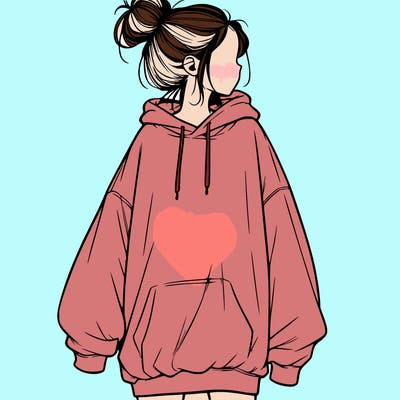 realistic girl with a oversized sweatshirt on and a bun