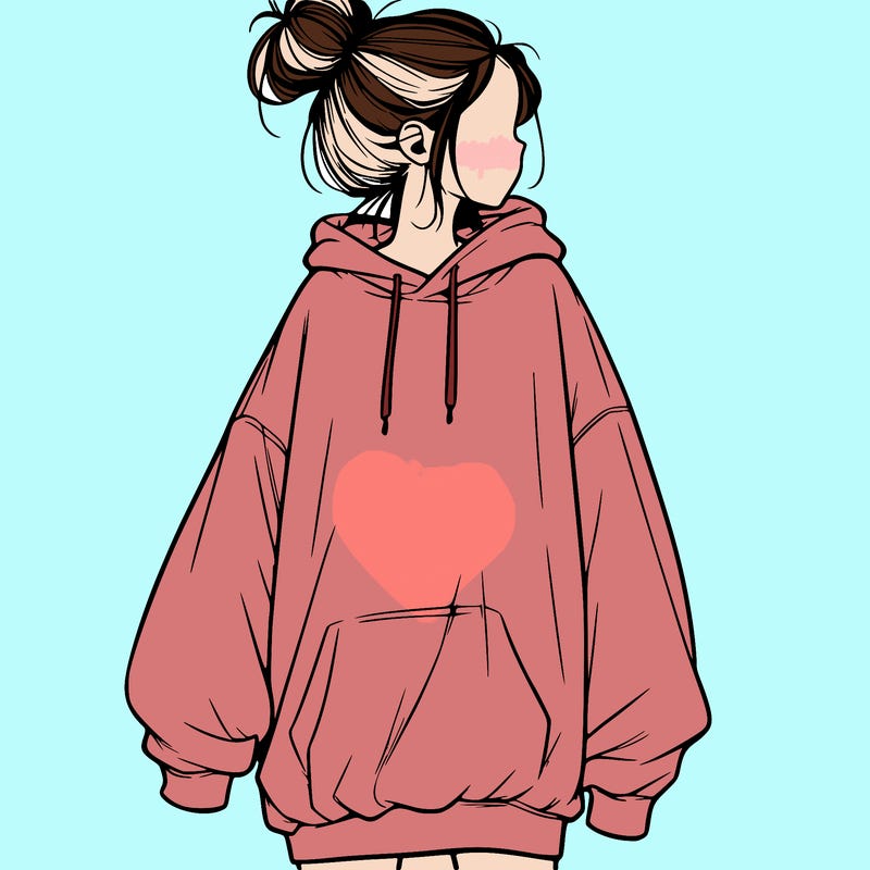 realistic girl with a oversized sweatshirt on and a bun