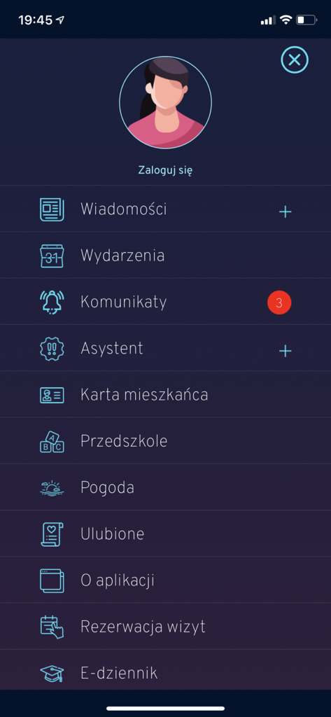 Gdynia.pl - User interface of the Gdynia.pl mobile app showing the main menu with city services and login option