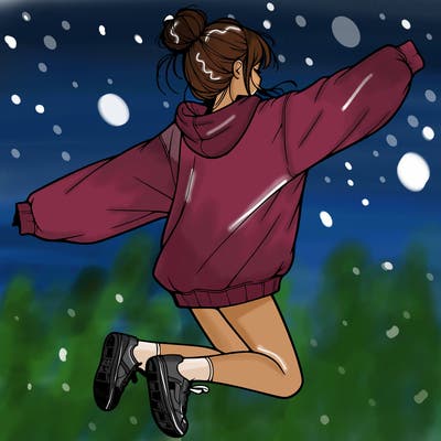 realistic girl jumping with a bun and oversized sweatshirt
