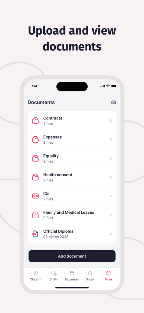 Pantalla de la aplicación móvil Factorial para cargar y ver documentos como contratos y recibos de gastos