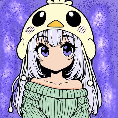 anime girl with chick shaped hat with sweater with bare shoulders with bangs covering them one eye with low tail