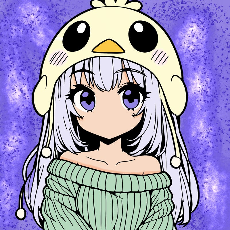 anime girl with chick shaped hat with sweater with bare shoulders with bangs covering them one eye with low tail