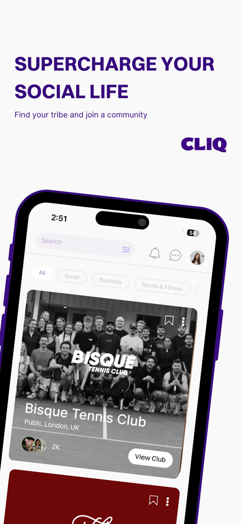 CLIQ App-Bildschirm, der lokale soziale Clubs und Community-Events anzeigt.