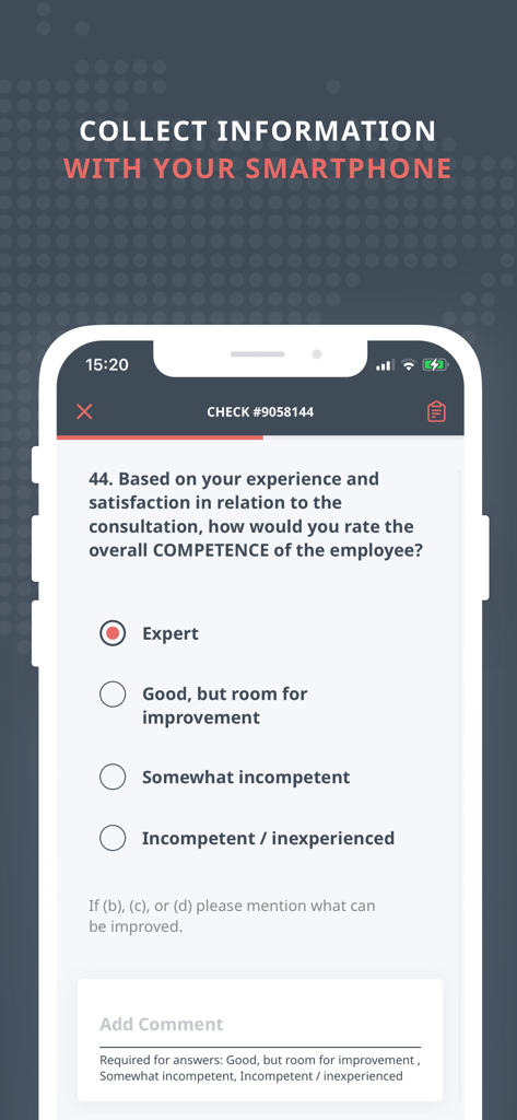 ISC-CX mobile - ISC CX Mobile App Bildschirm, der einen Fragebogen zur Bewertung von Mitarbeitern für Mystery Shopper zeigt