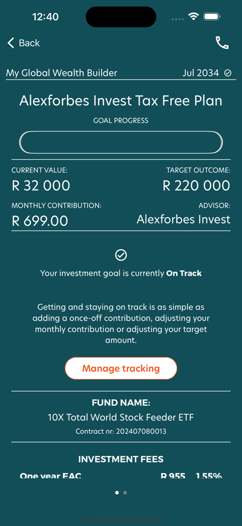 Alexforbes Invest - Dashboard of the Alexforbes Invest app showing progress for a tax-free investment plan