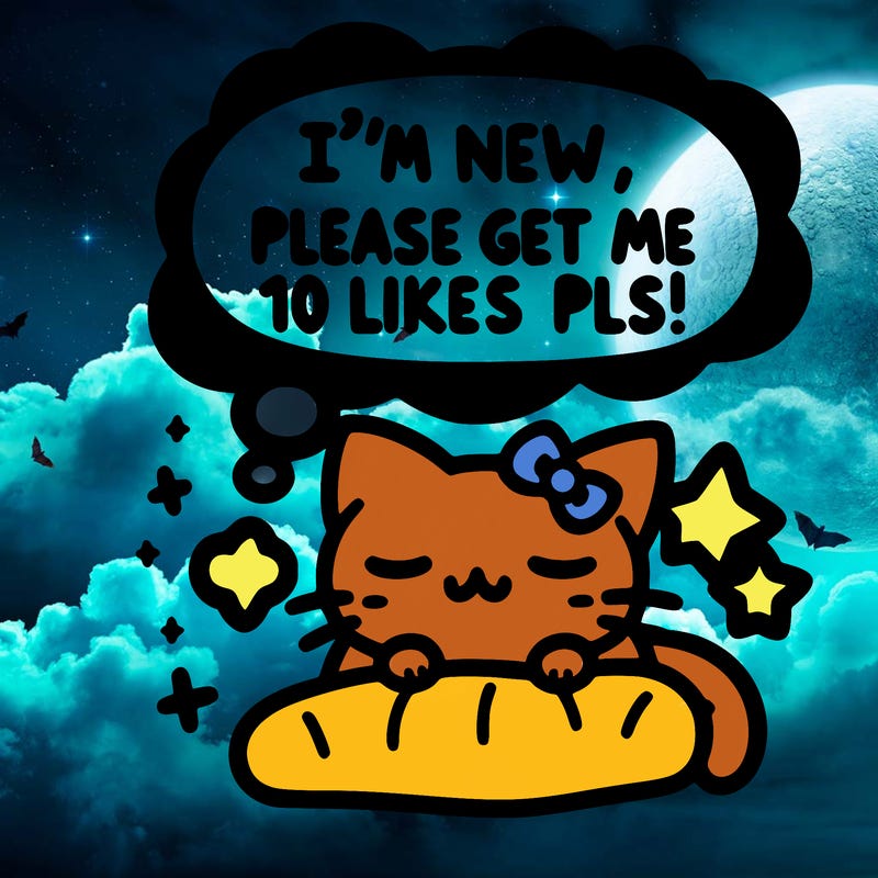 kitty taking a nap dream talking and saying "i'm new, please get me at least 10 likes pls!!"