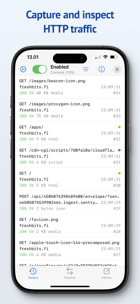 The Proxygen app interface on an iPhone displaying a list of captured HTTP network requests and API traffic