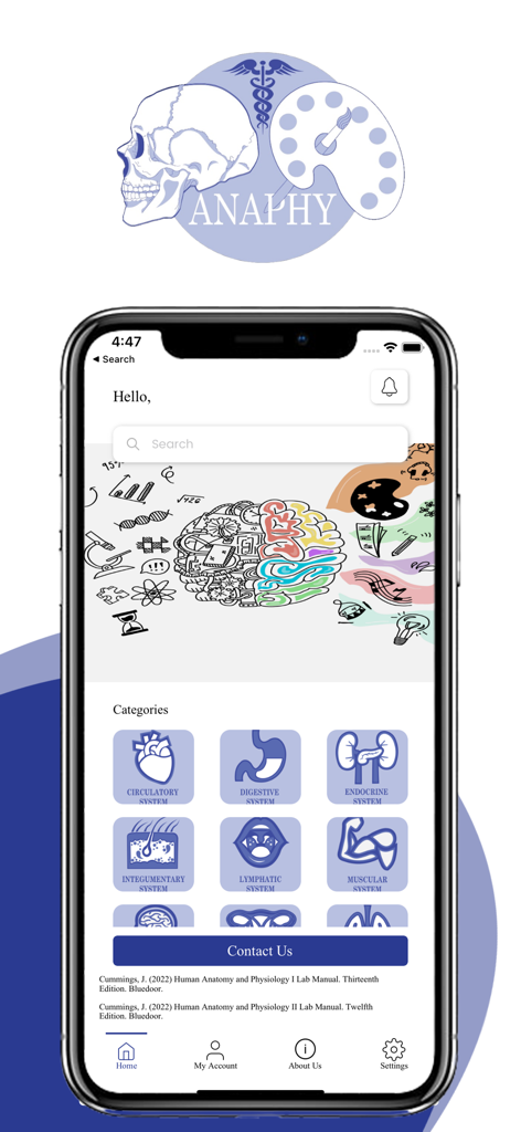 Anaphy app home screen showing body system categories for coloring
