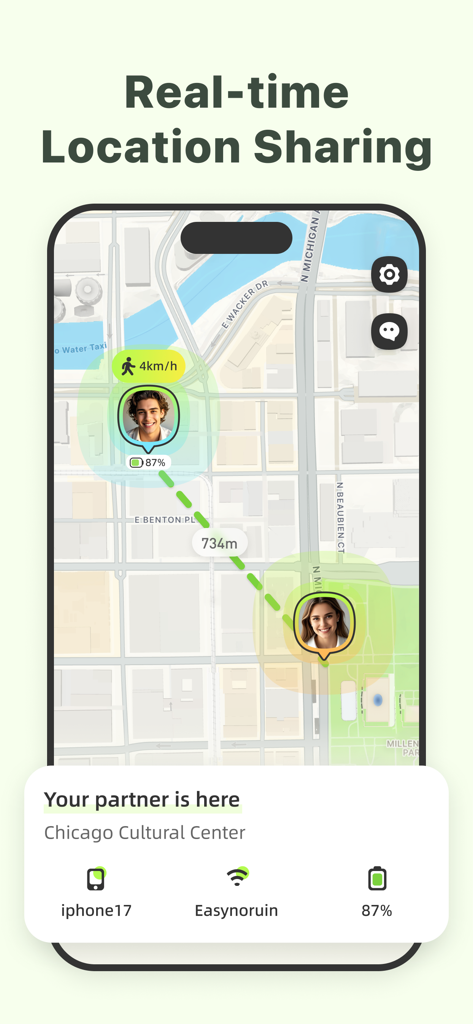 Lookusアプリのインターフェース。都市の地図上で2人の間のリアルタイム位置情報追跡が表示され、バッテリーと距離の情報も含まれています