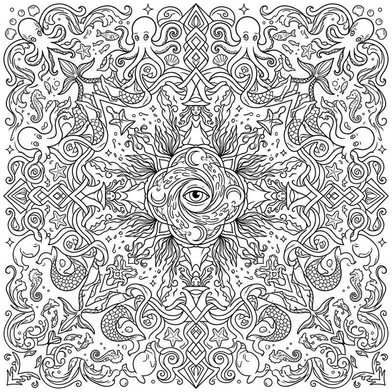Explore the depths of your creativity with this enchanting Sea Witches Mandala coloring page, where mythical ocean magic meets intricate symmetrical design. Perfect for adults and teens seeking a captivating artistic escape into an underwater world of wonder.