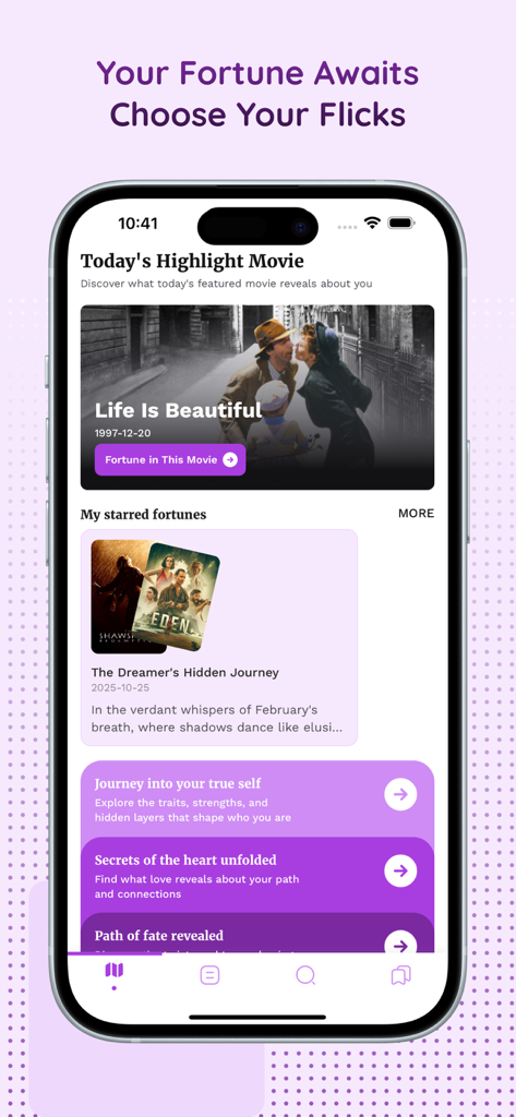 Bagga Calc: Flick Fortune Reel - Interfaz de la aplicación Bagga Calc con una película destacada y opciones de adivinación de la fortuna