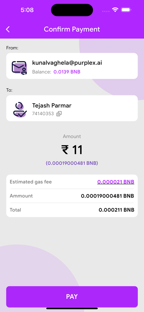 PurpleX app confirm payment screen with transaction details and pay button