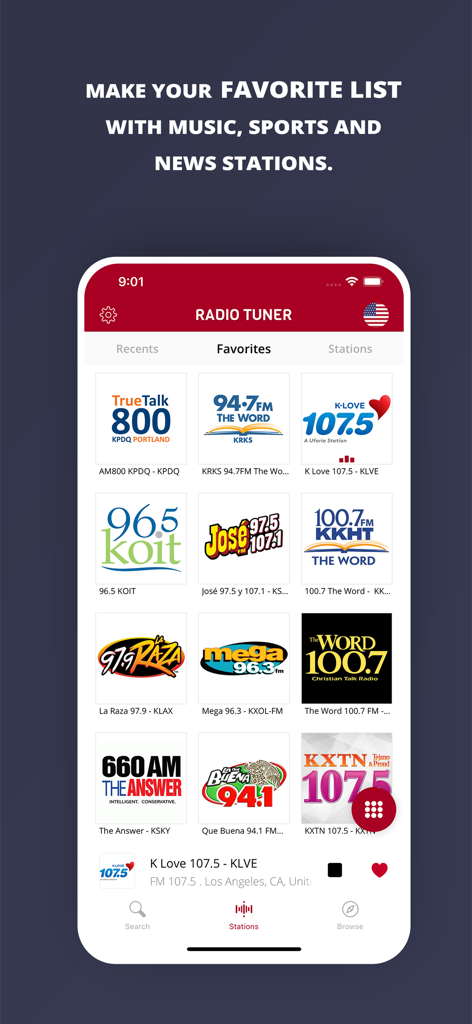 Uma tela de smartphone exibindo a lista de estações de rádio favoritas no aplicativo Radio Tuner.