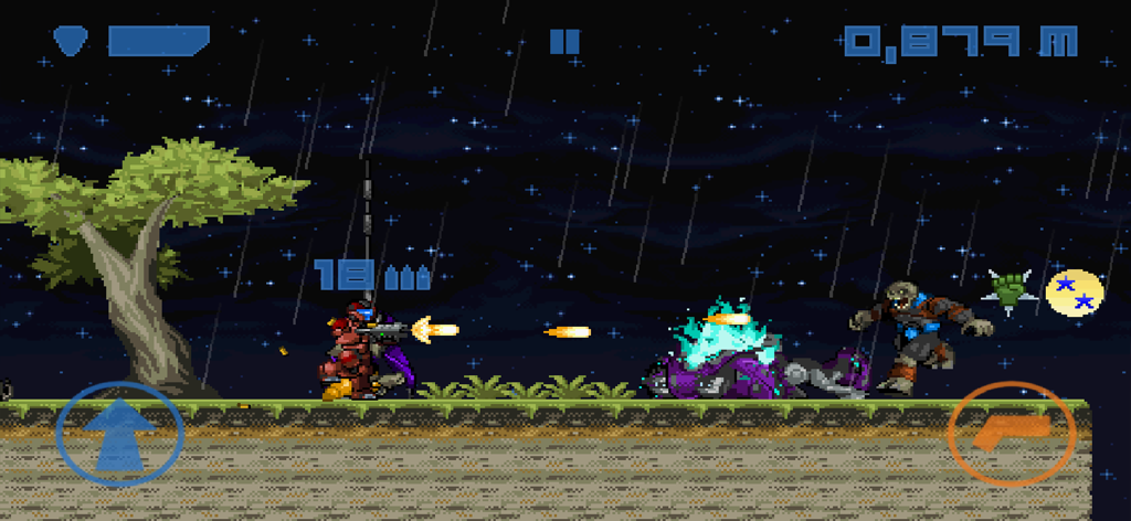 Spartan Runner. - 2D retro gameplay of Spartan Runner showing a soldier shooting enemies during a rainy night